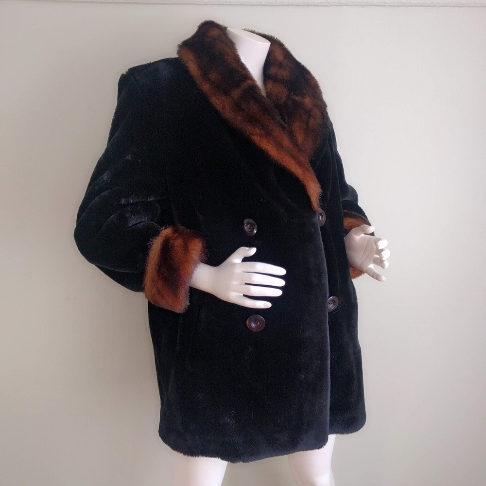 Vtg Dennis Basso Bicolor Faux Mink Fur Peacoat L - Picture 2 of 4